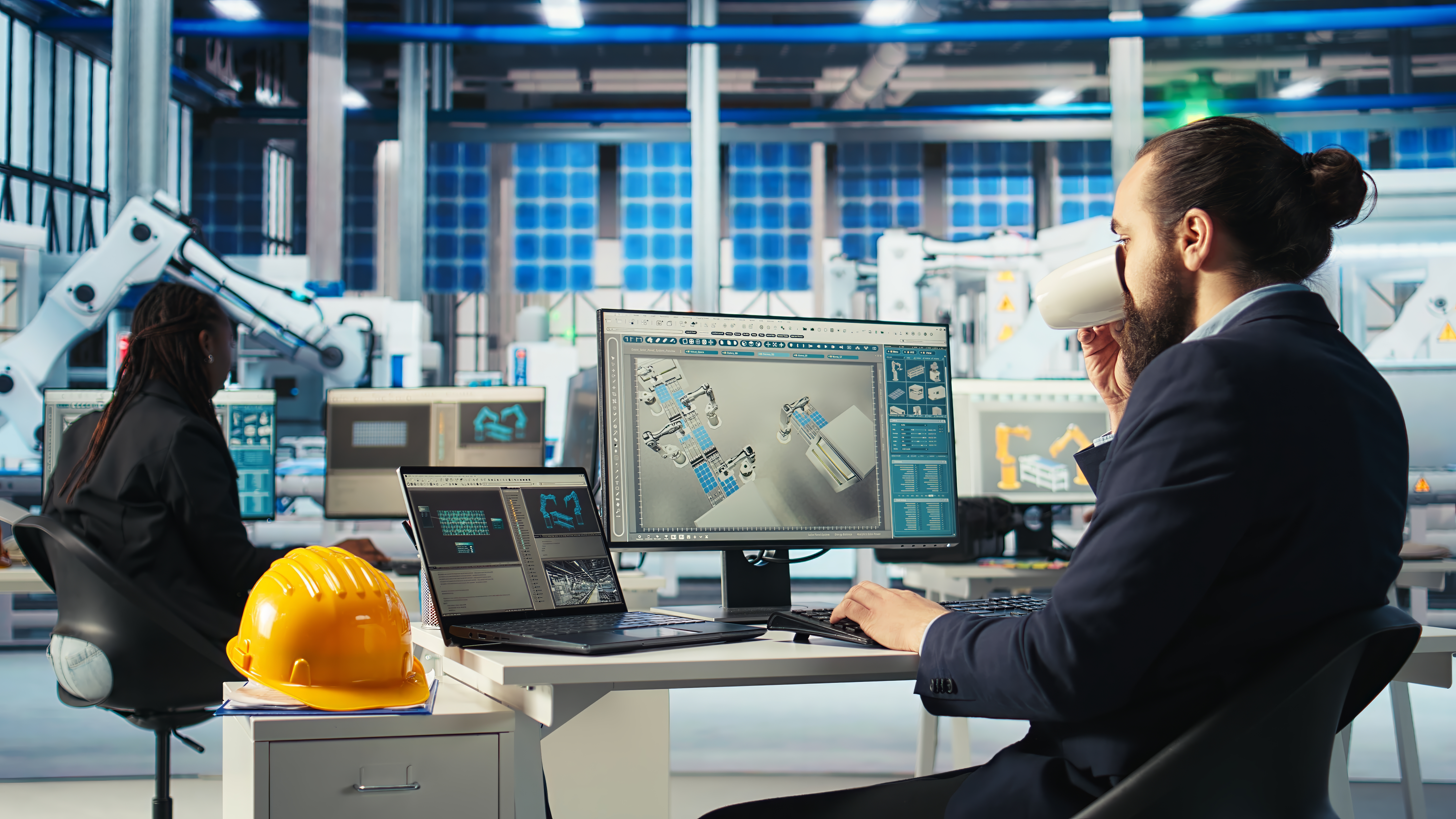 photovoltaics-factory-worker-monitors-system-performance-drinking-coffee